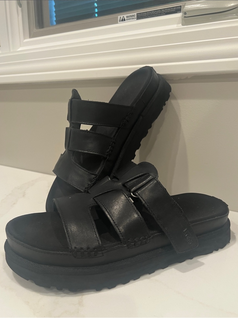 UGG Black Leather Platform Slide Sandals